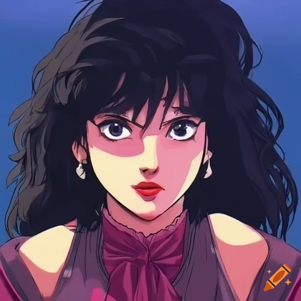 young woman with black hair in 80s anime style