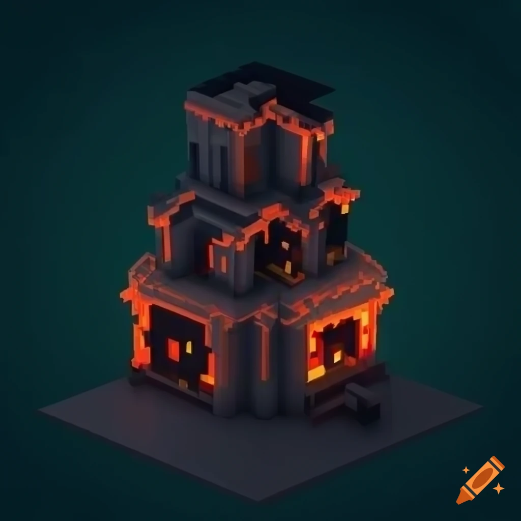 voxel art representation of a mansion inspired by Avenged Sevenfold in a cave