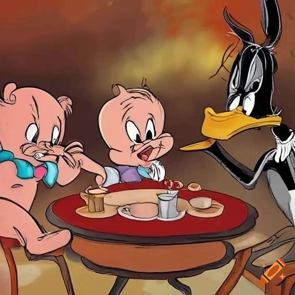 Porky Pig, Bugs Bunny and Daffy Duck arguing in a cafe