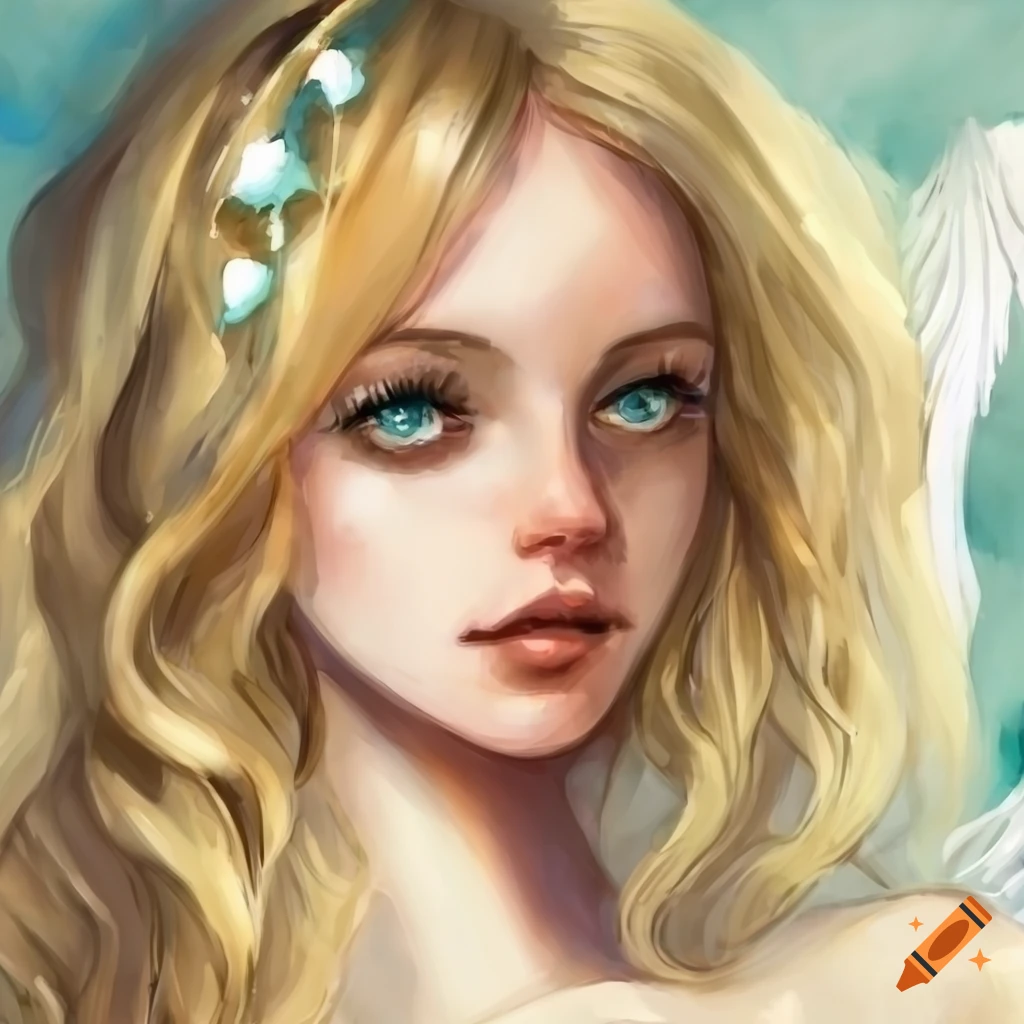 Watercolor of an angelic girl in a library on Craiyon