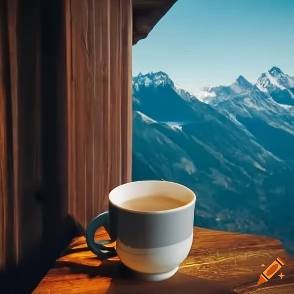 mug of filtered coffee on a wooden terrace with bicycle-themed design