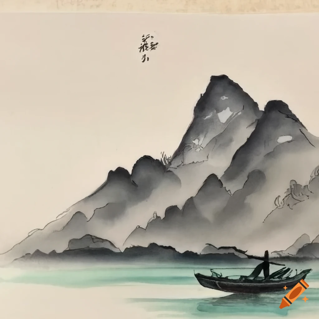Chinese ink painting of a mountain and fishing boat