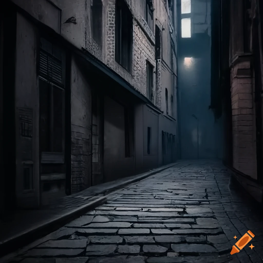 nighttime urban alley with street lamps