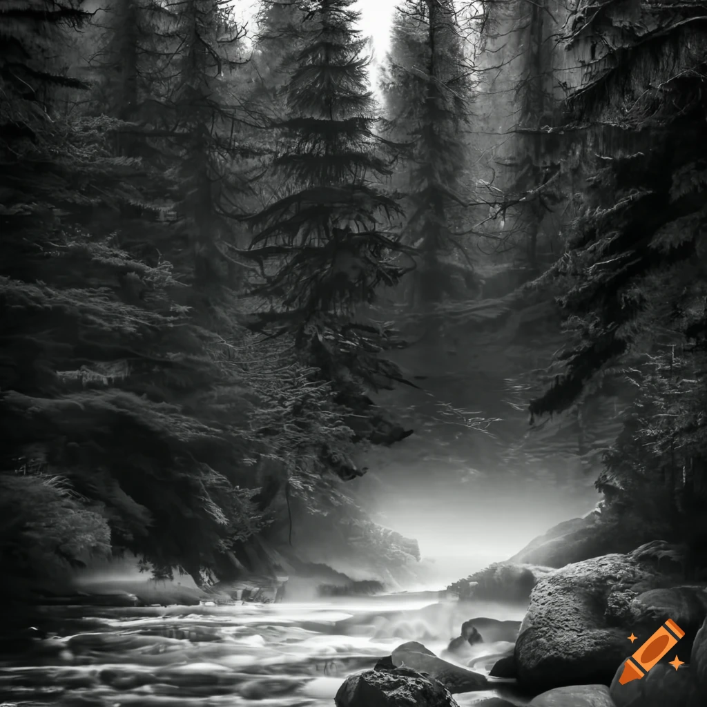 black and white photo of a pine forest with a flowing river