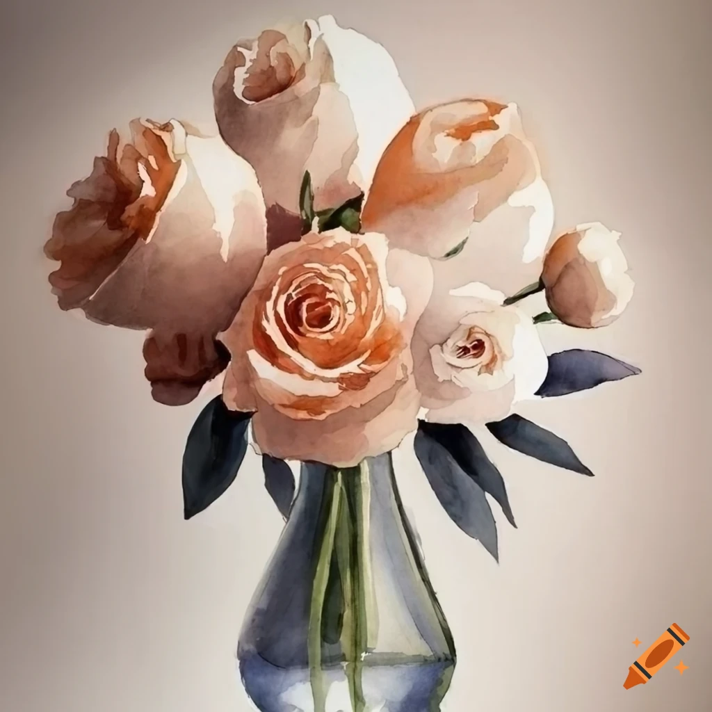 detailed watercolor painting of flowers in a glass vase