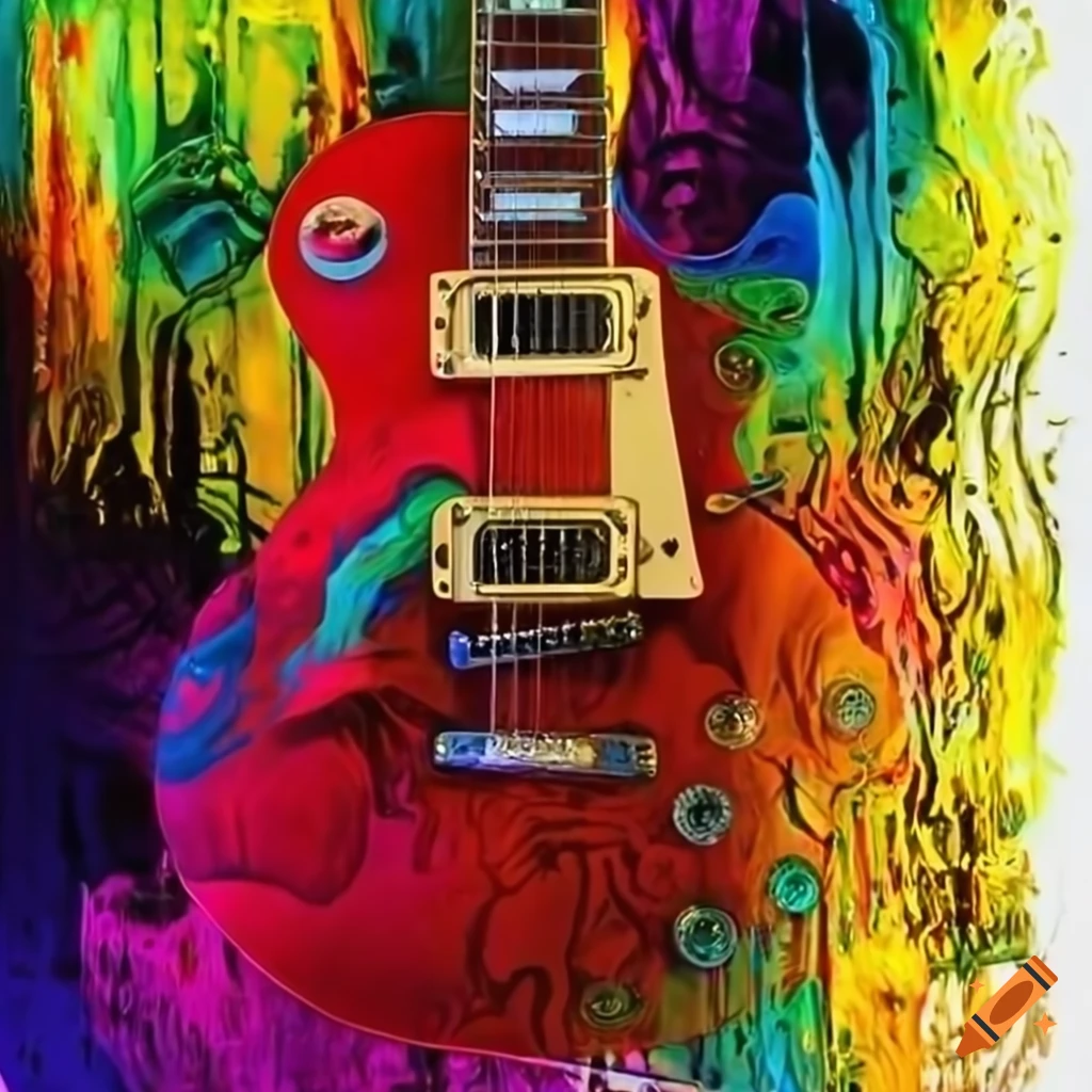 colorful artwork of melting Gibson Les Paul and amplifiers