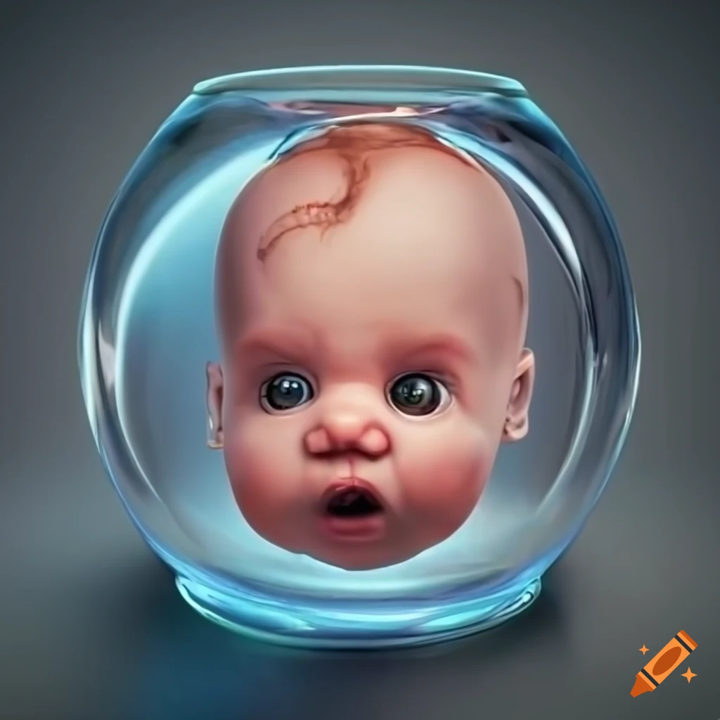 Photorealistic cartoon baby head in a vat of liquid on Craiyon