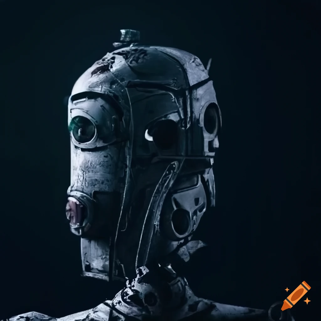 abandoned city with robot holding a laser gun