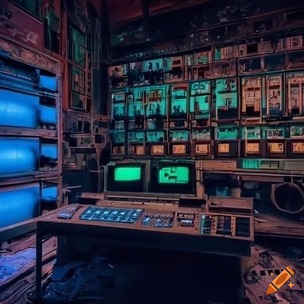 abandoned control room with rusty computers and control panels