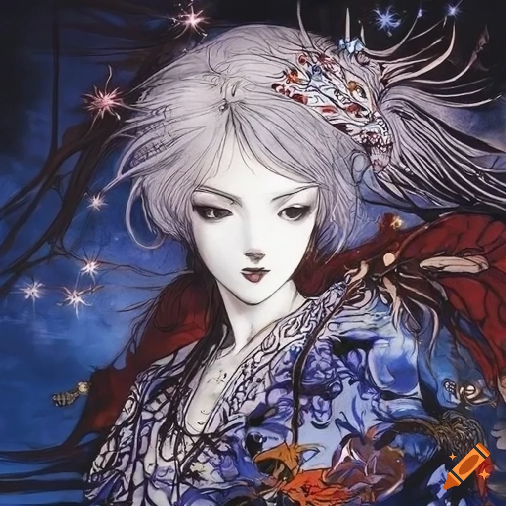 woman constellations artwork inspired by Yoshitaka Amano