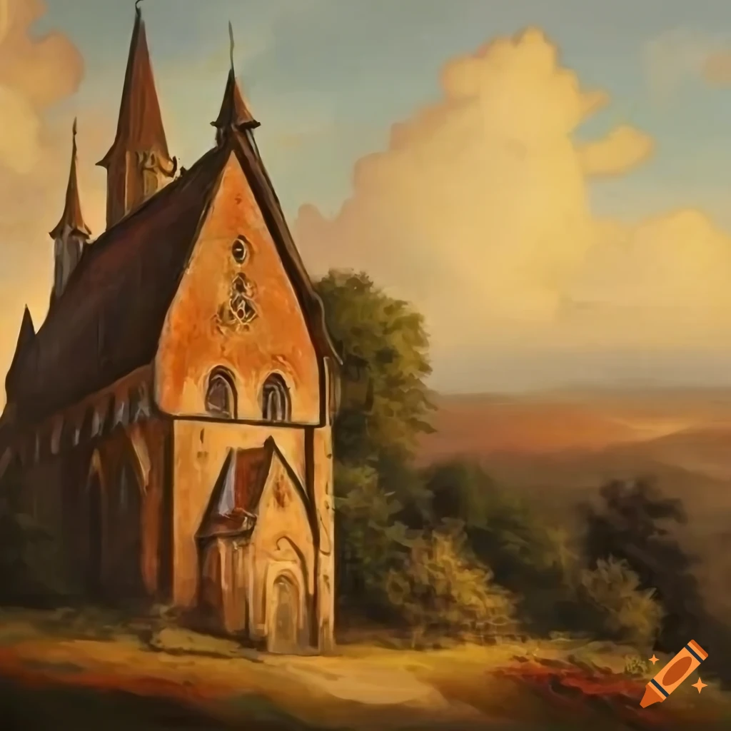 Vintage painting of a medieval church on a hill on Craiyon