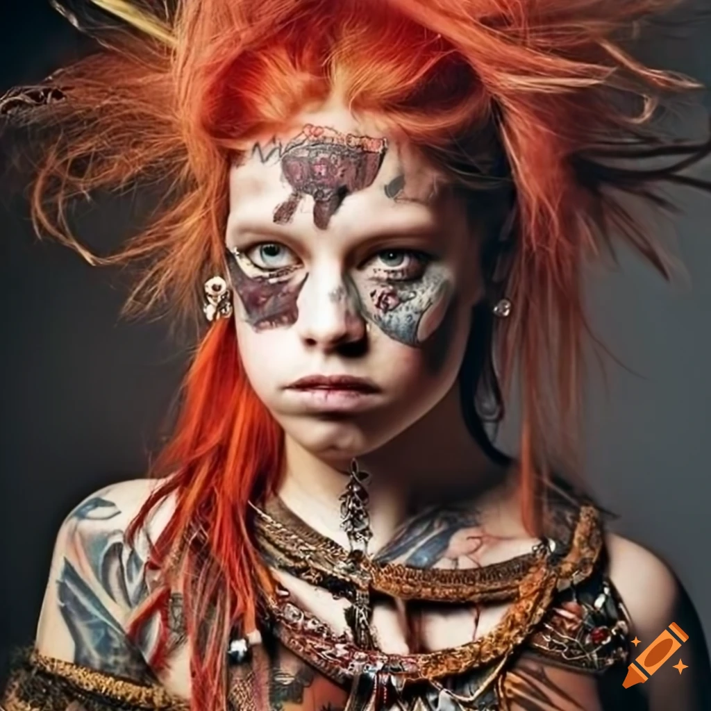 portrait of a fierce tattooed warrior girl in cyberpunk setting