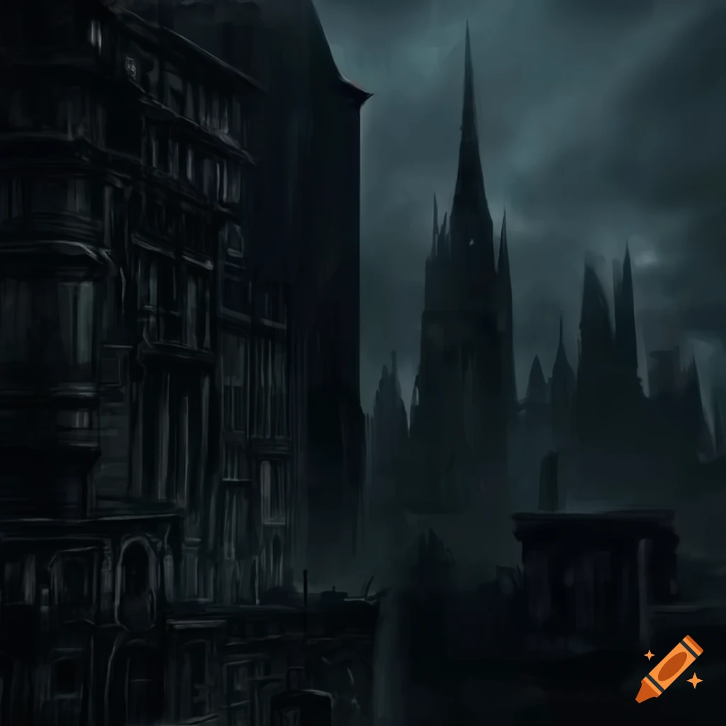 Dark fantasy cityscape with a black metal aesthetic on Craiyon