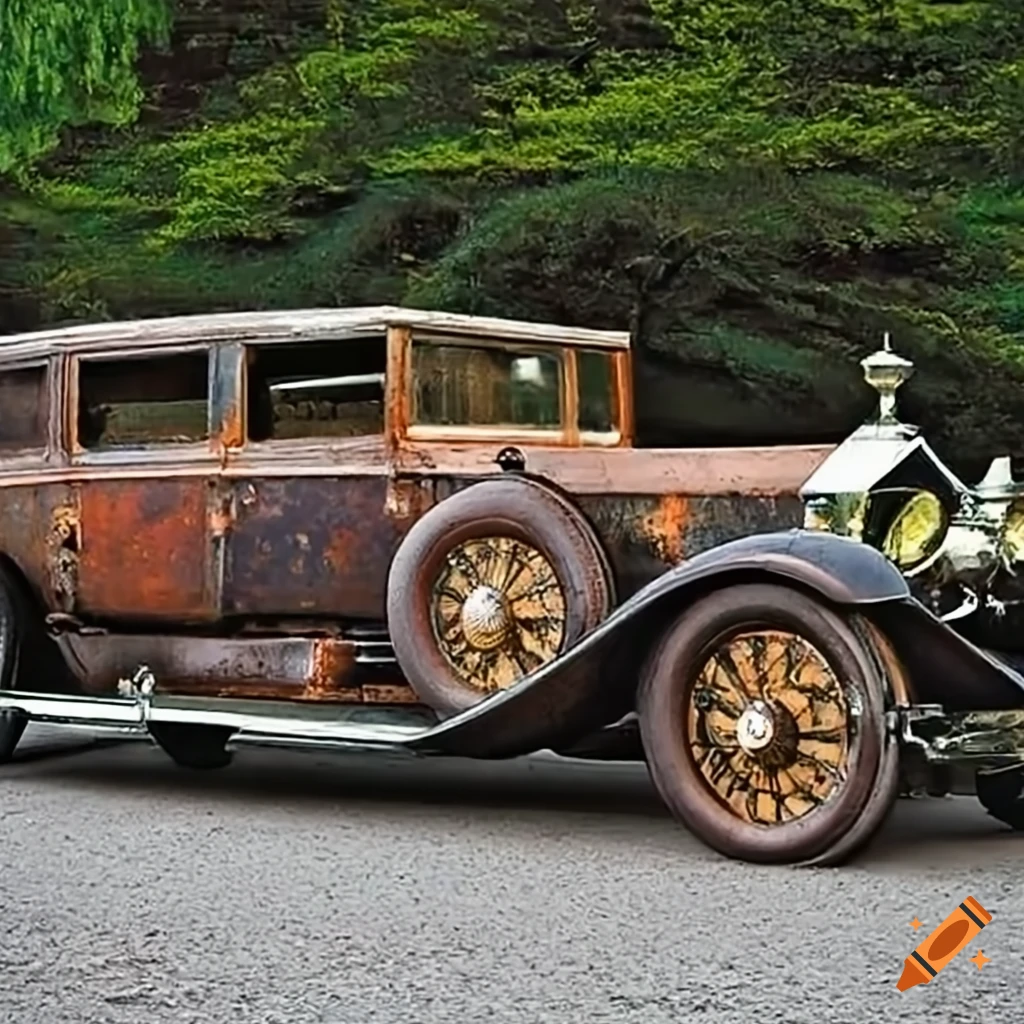 Artistic depiction of a half-rusted, half-golden 1920s Rolls Royce on ...