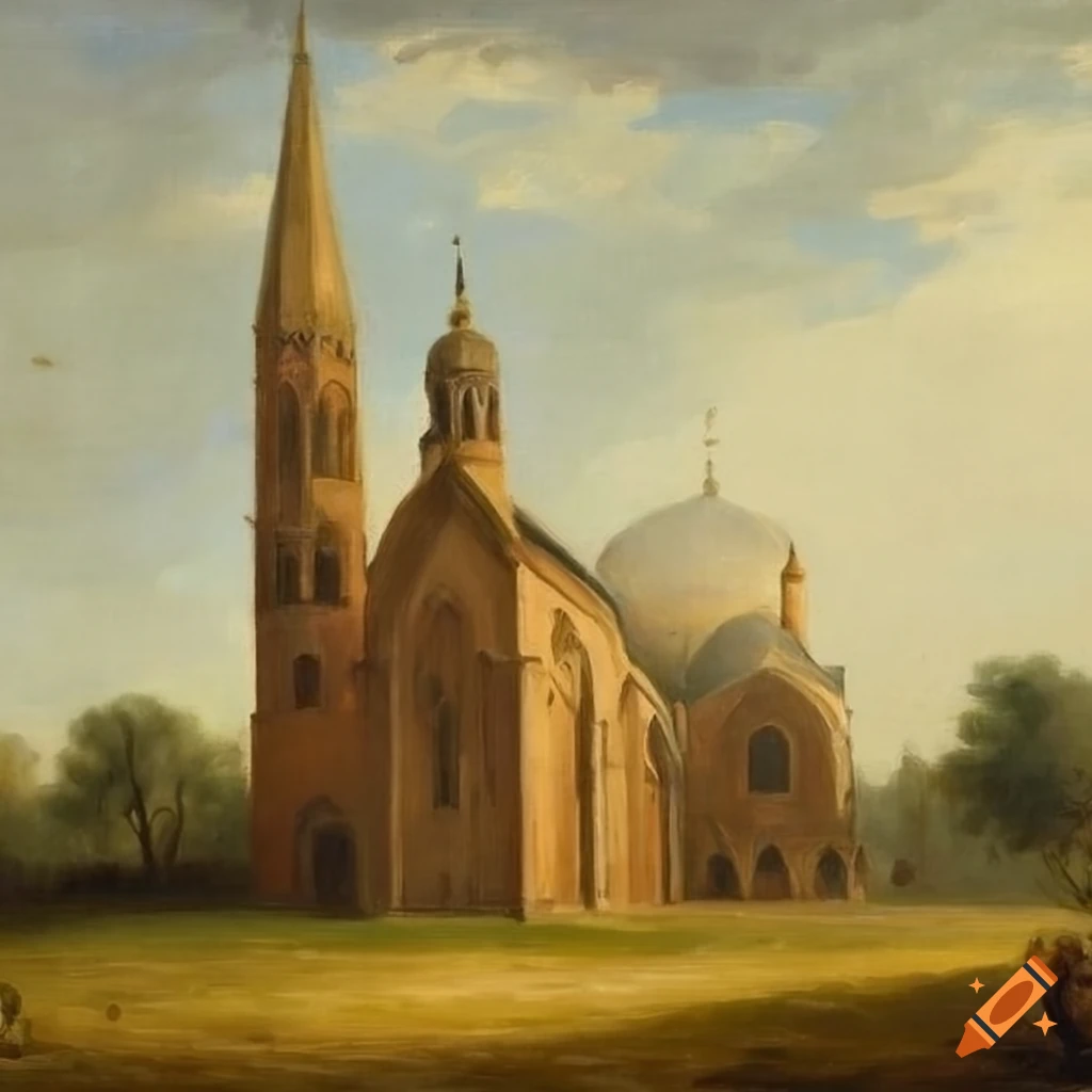 oil painting of a cathedral church and mosque in a meadow