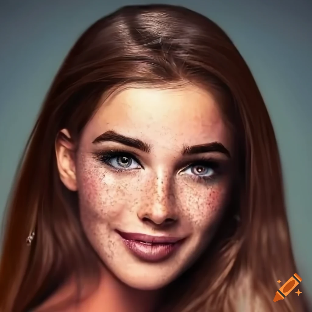Portrait of a beautiful young woman with freckles and brown hair on Craiyon