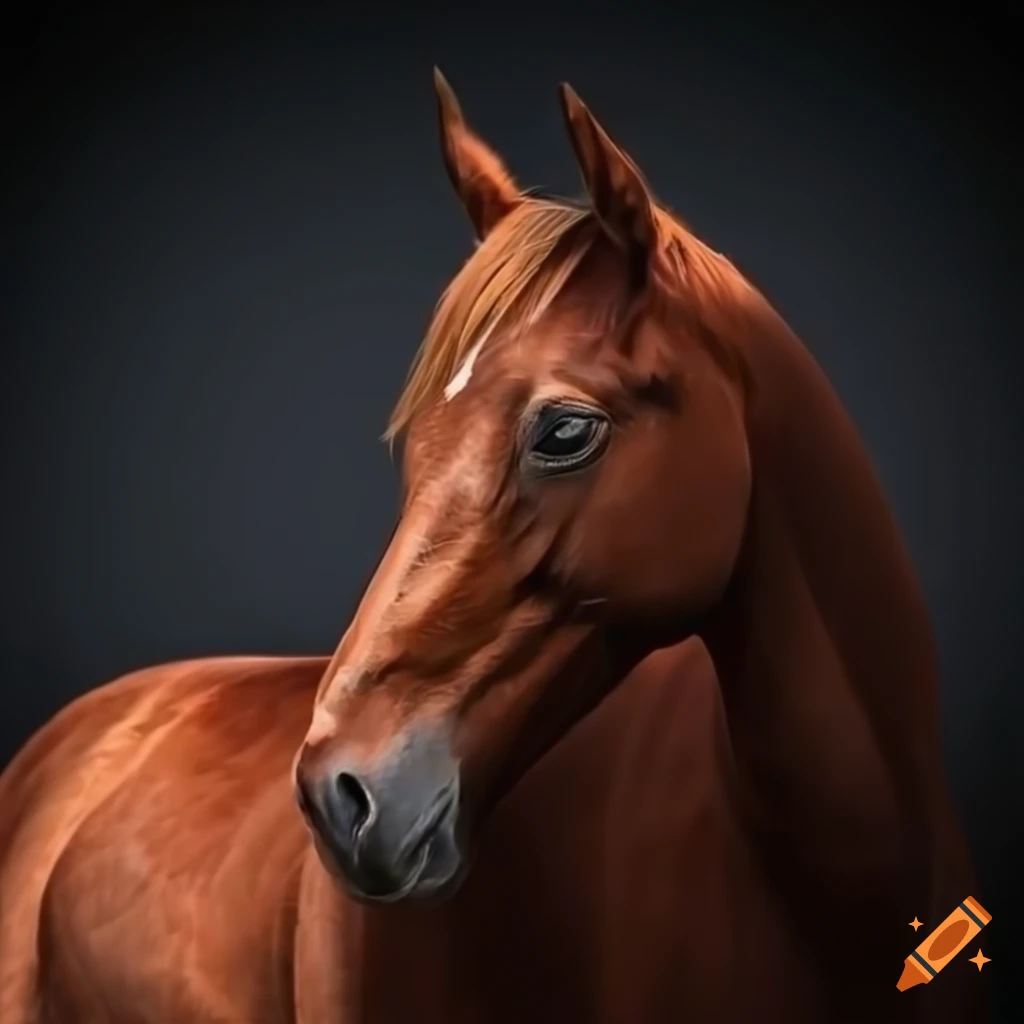 Closeup of elegant horse with head turned, black background on Craiyon