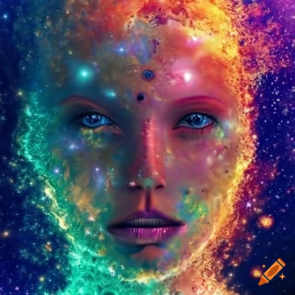 fractal art of a golden girl in a galaxy underwater world