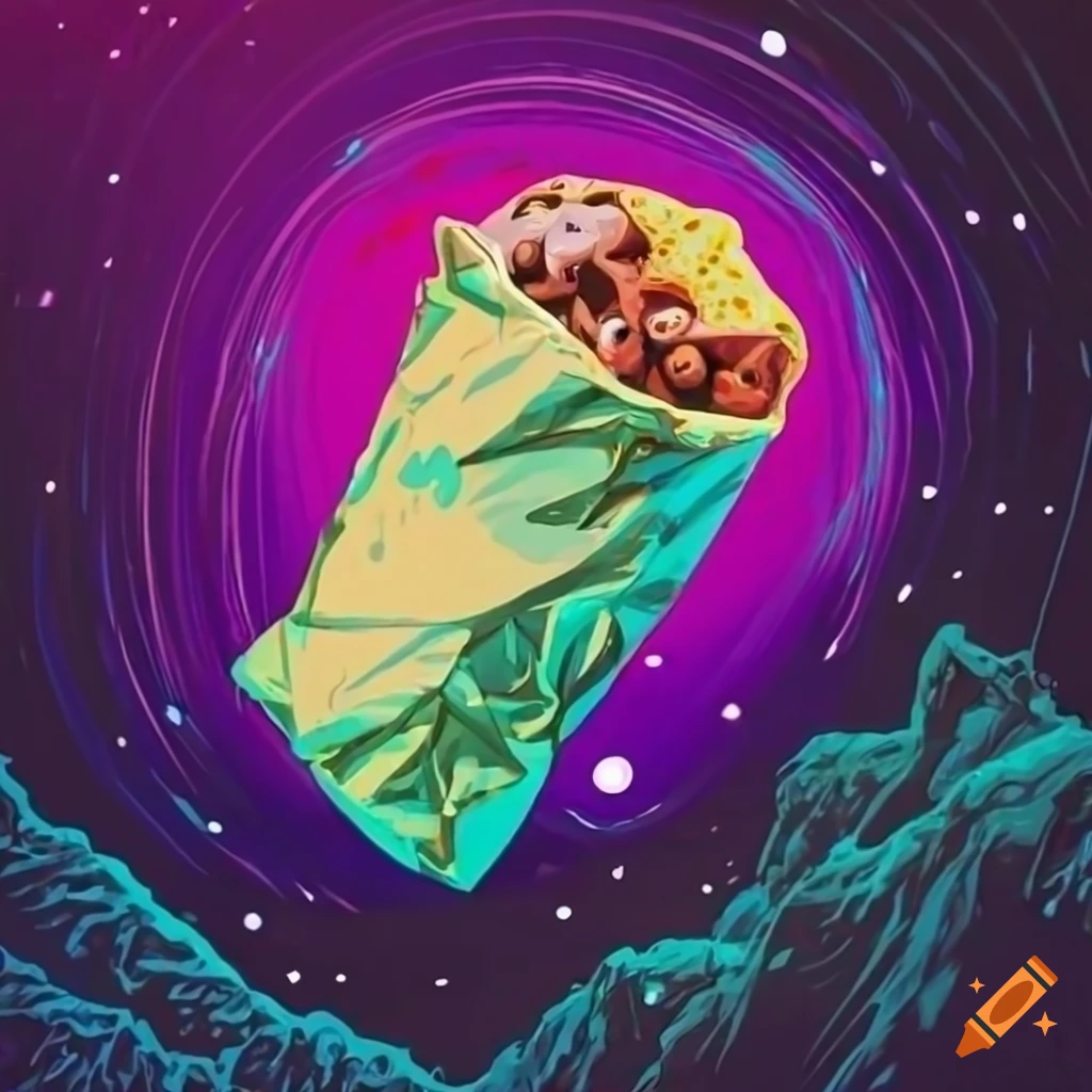 Synthwavestyle graphic of a foilwrapped burrito flying through space