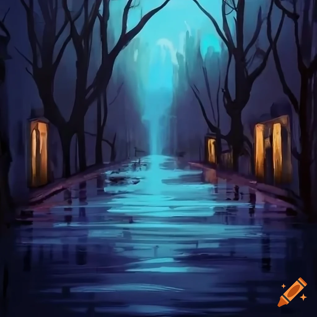 wet empty park alley at dusk
