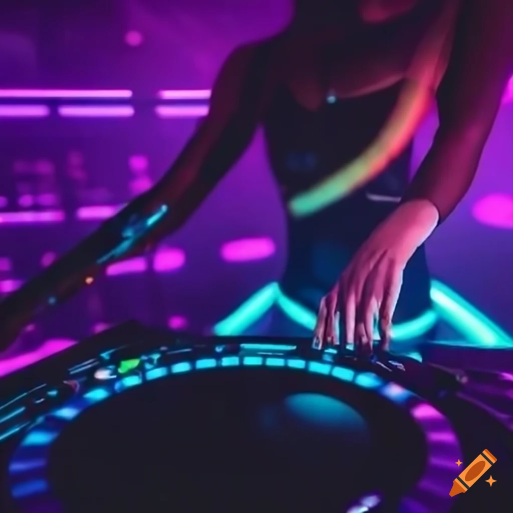 futuristic DJ in a cyberpunk nightclub