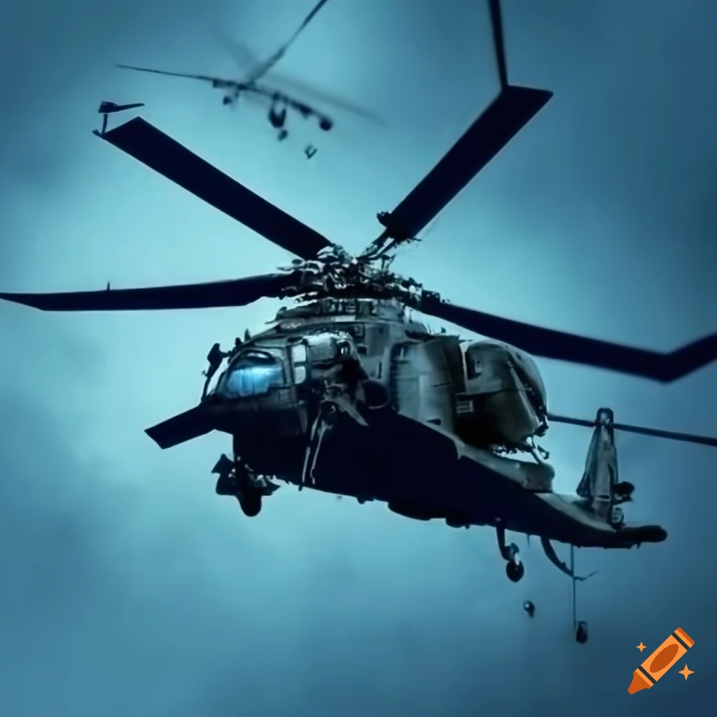 helicopter in a military action movie scene