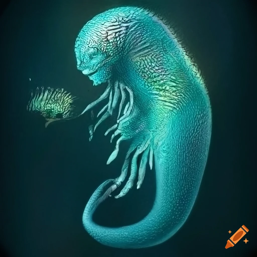 Detailed etching of a gelatinous merman on Craiyon