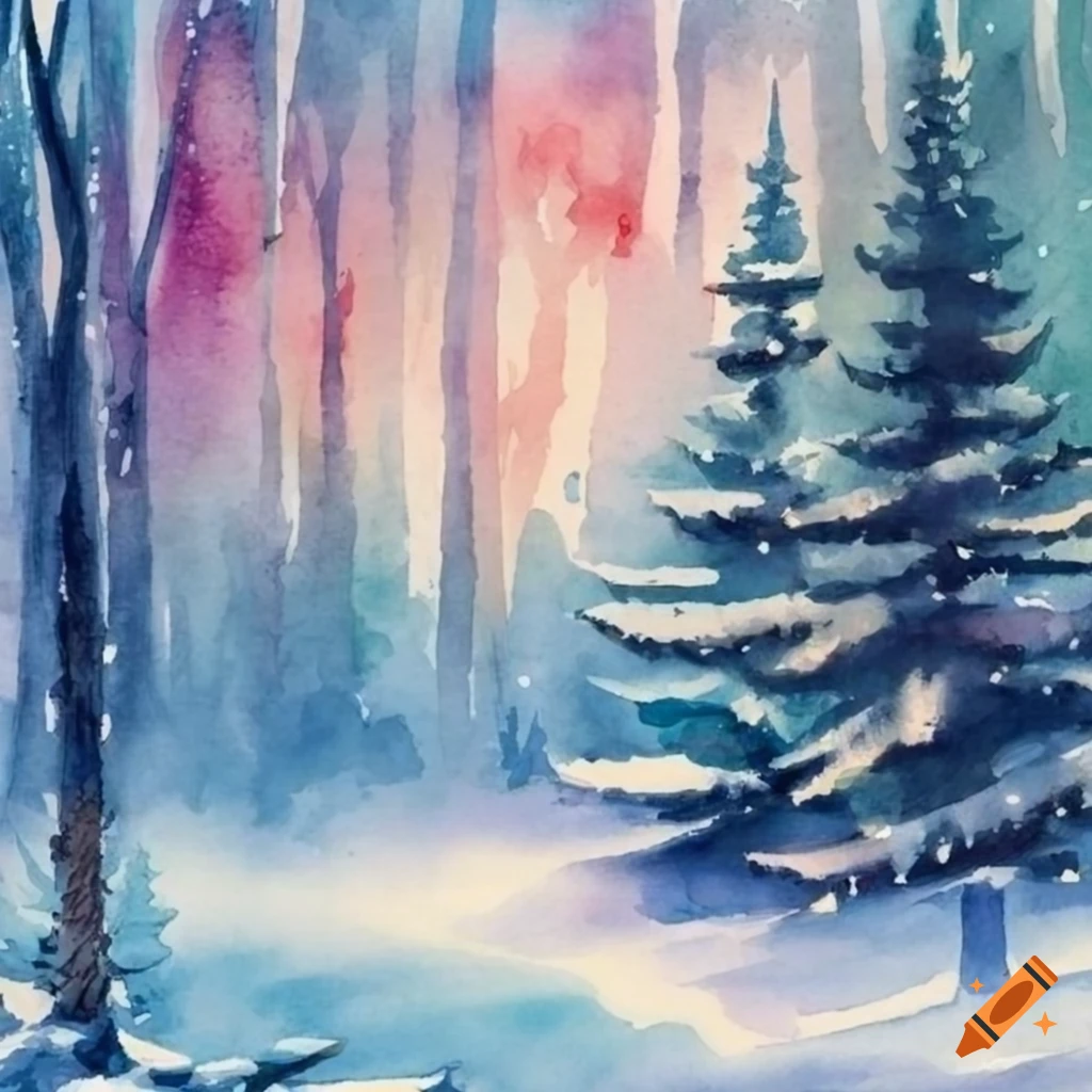 watercolor Christmas card with a winter forest theme