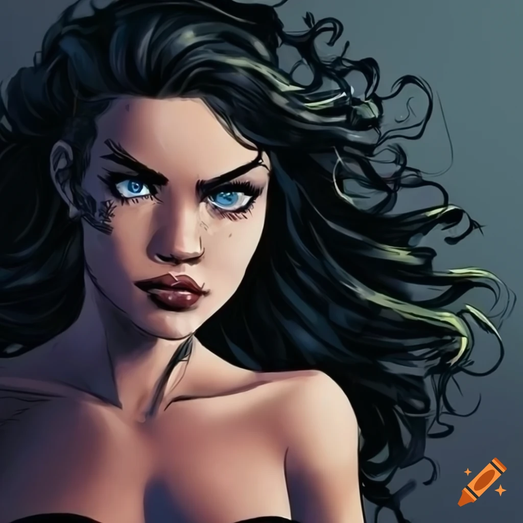 comic book-style girl with curly hair and blue eyes