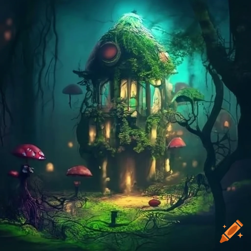 surrealist gothic mushroom building surrounded by mystical plants
