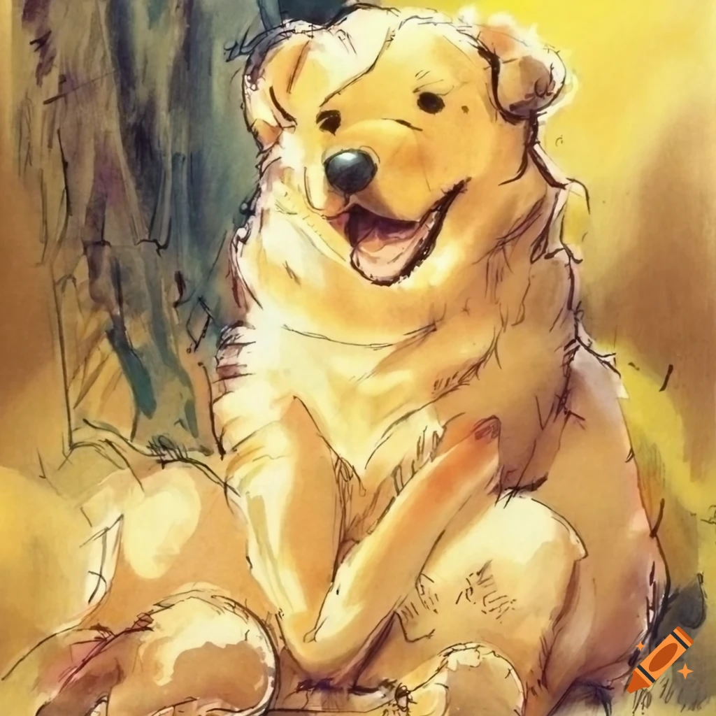 urban sketch of Winnie the Pooh with a golden retriever