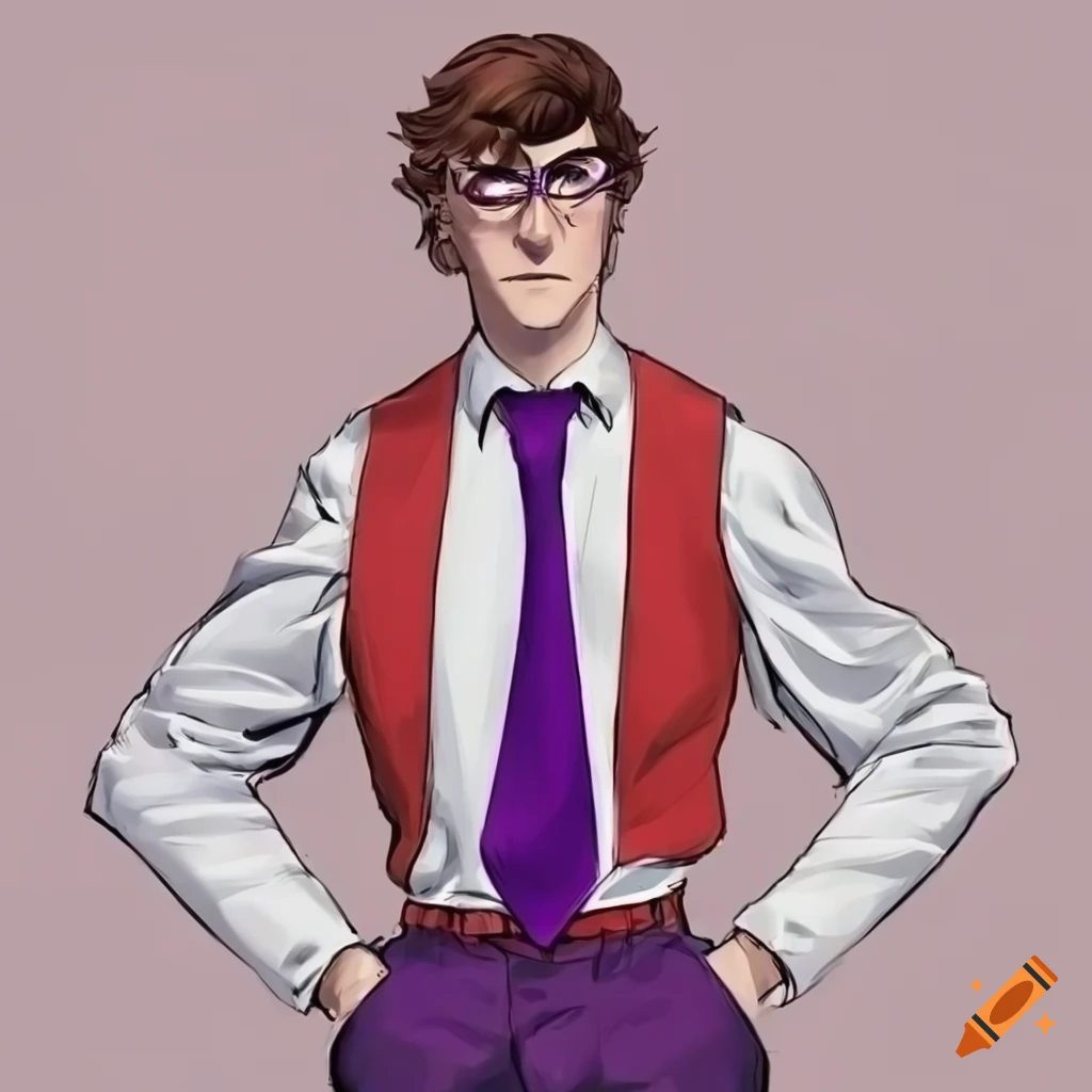 comic book style outfit for men with purple accents