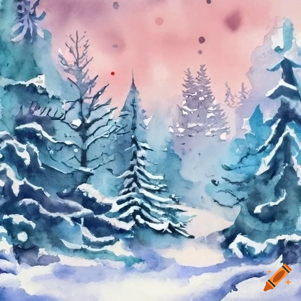Soviet style watercolor Christmas card with a winter forest
