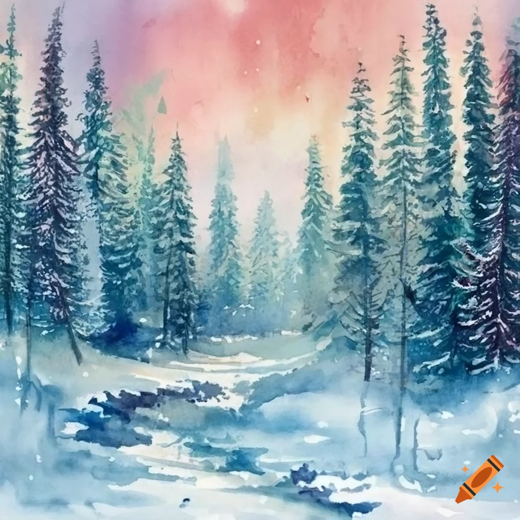 watercolor Christmas card with a winter forest theme
