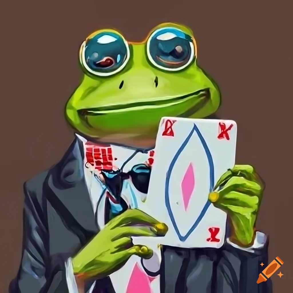dapper frog in a suit with a deck of cards