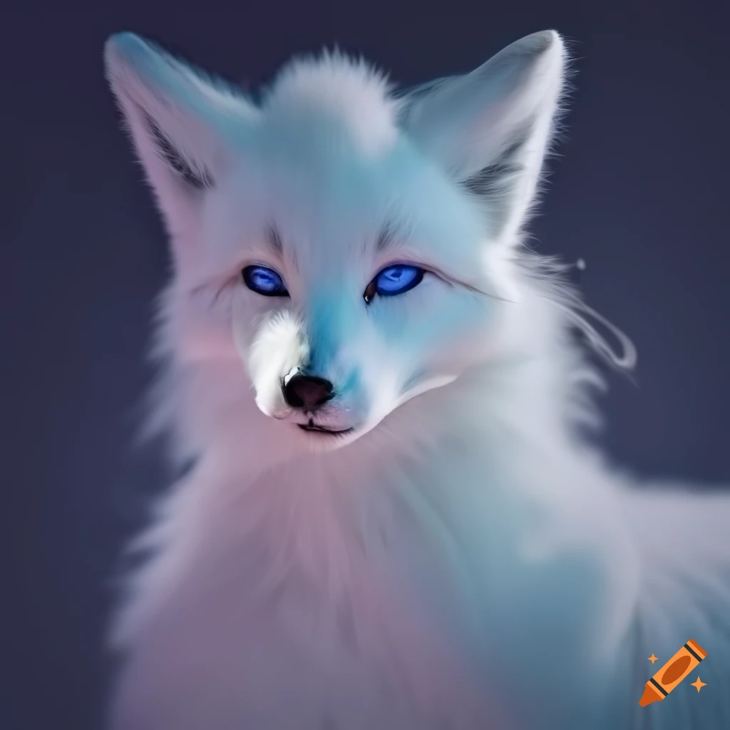 white fur kitsune with blue eyes and moon in background