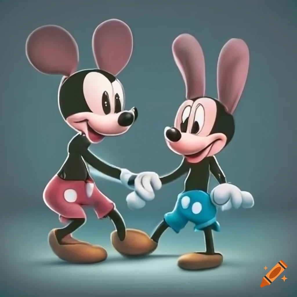 Mickey Mouse and Oswald the lucky rabbit shaking hands