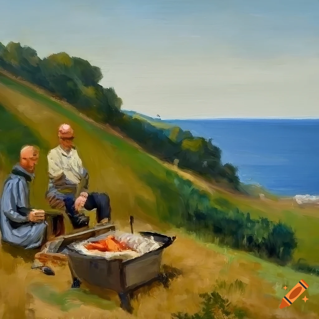 oil painting of two men cooking barbecue on a hill