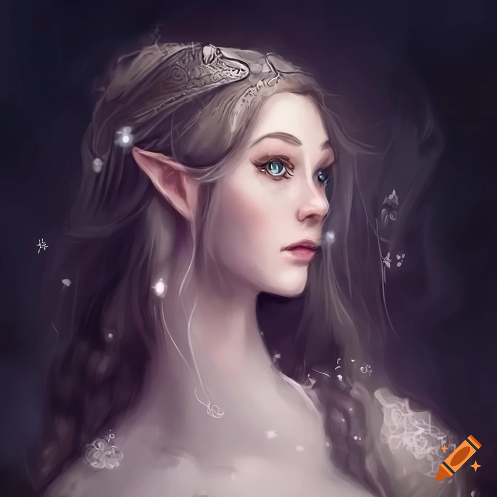 elf maiden in a white dress, fairytale illustration