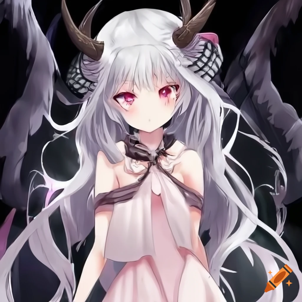 cute anime demon girl with grey skin and white hair
