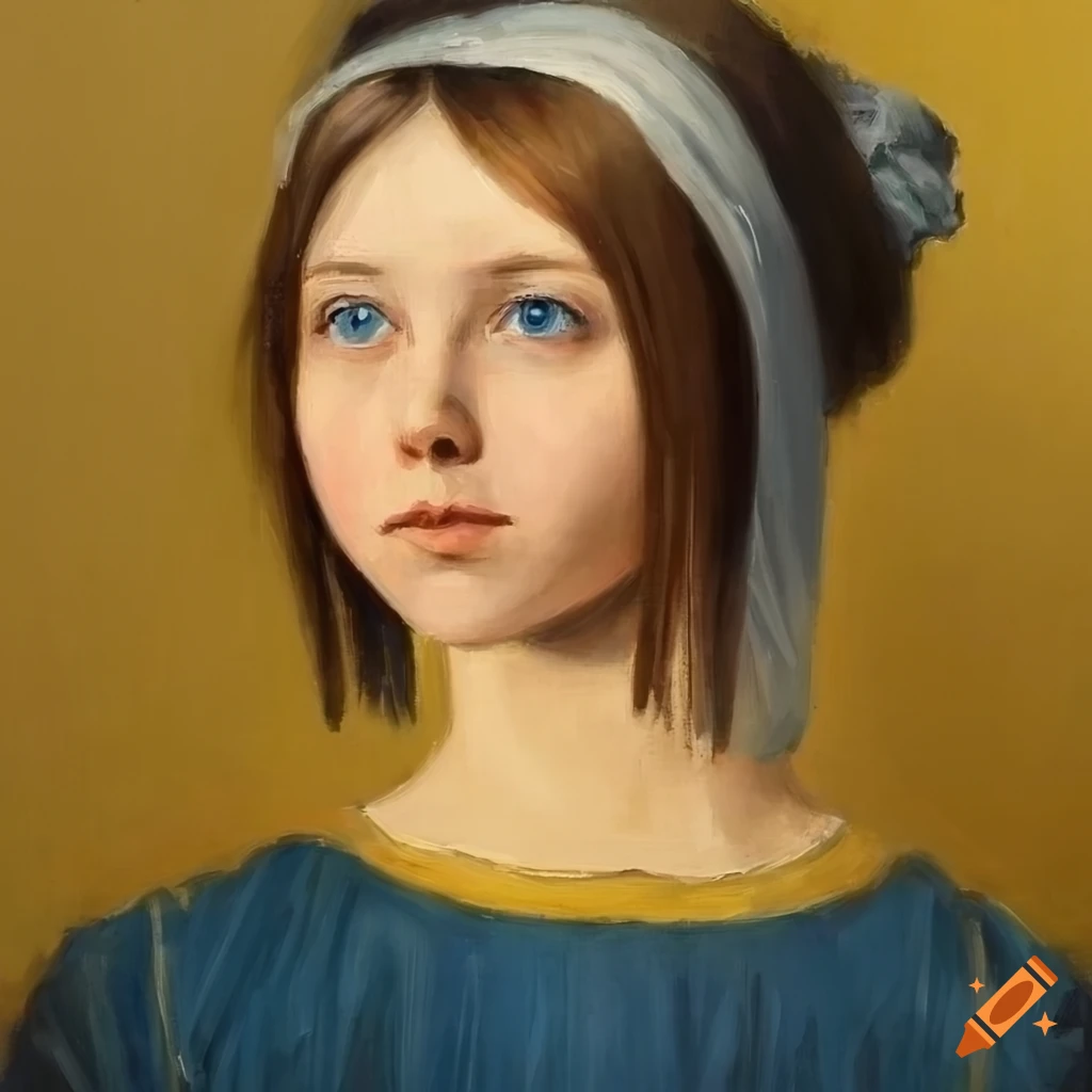 Oil portrait painting of a young peasant girl in blue headband