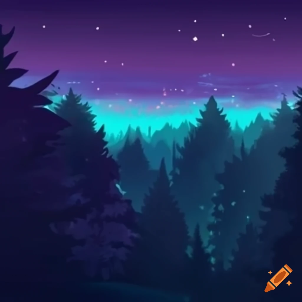 anime-style night landscape of a forest