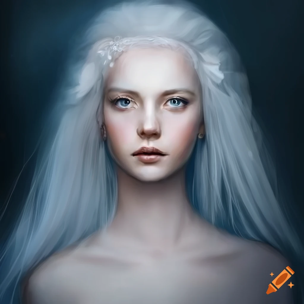 artwork of a pale-skinned woman with white hair and gray eyes