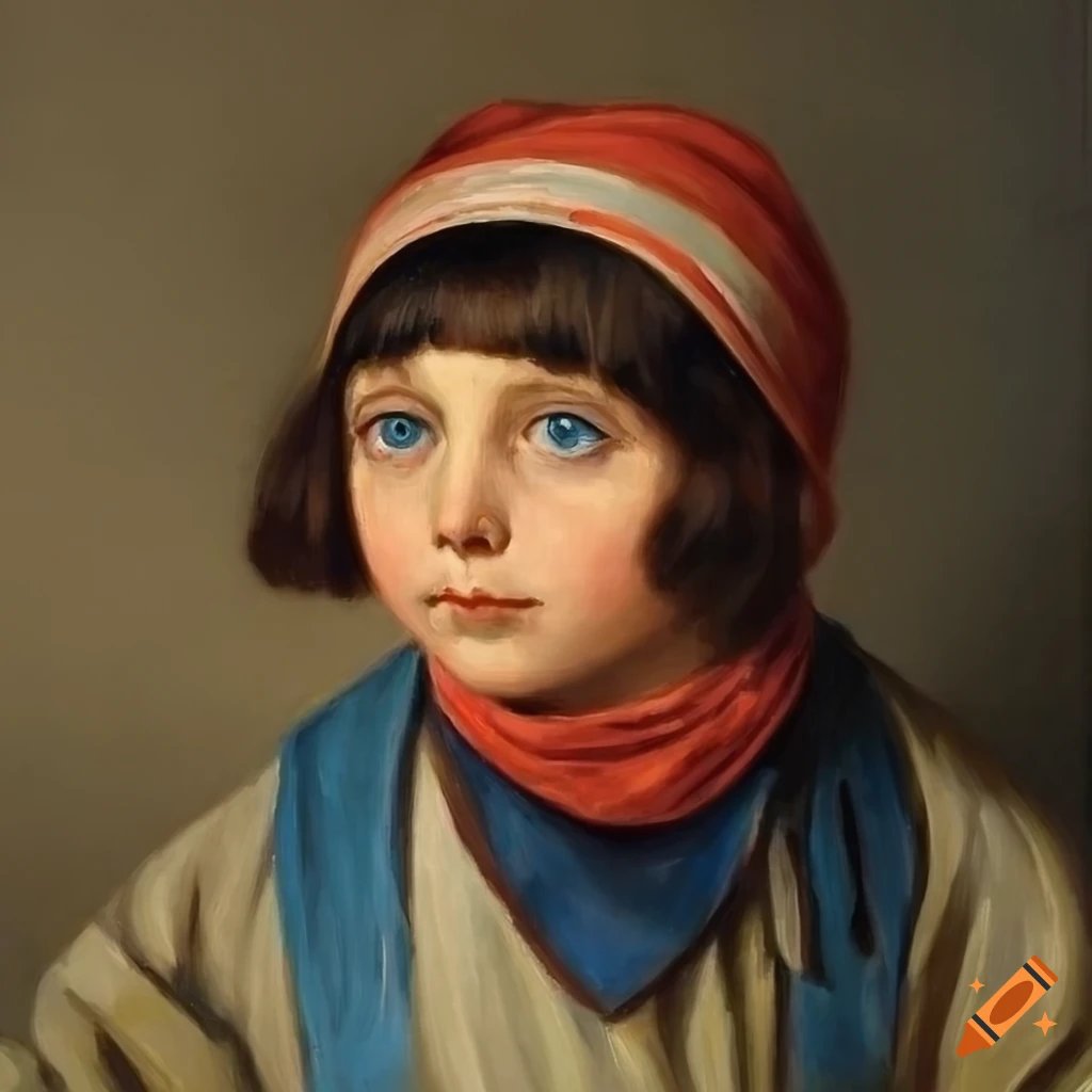 Oil portrait painting of a peasant girl with blue bandana on Craiyon
