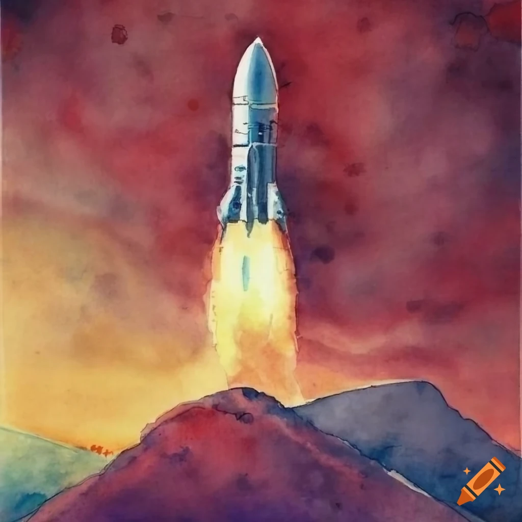 realistic watercolor of rocket launch at golden hour