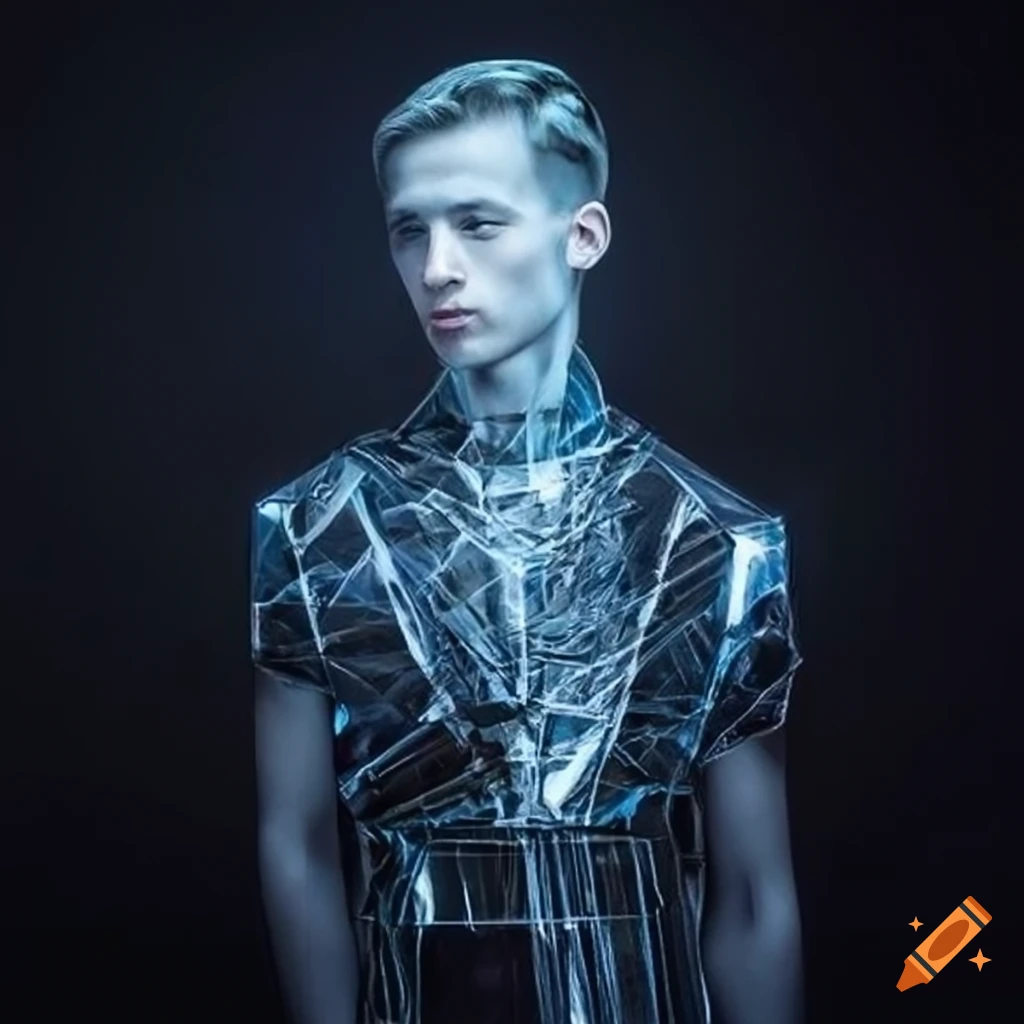 photo of a male in futuristic transparent geometric streetwear