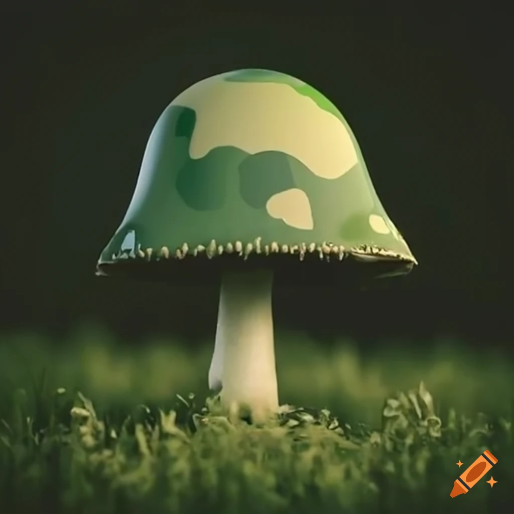 camouflaged soldier's helmet on a mushroom