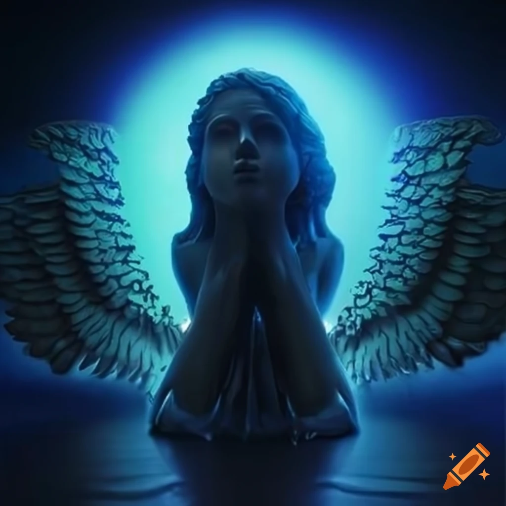 Ethereal album cover with holographic angel statue on Craiyon