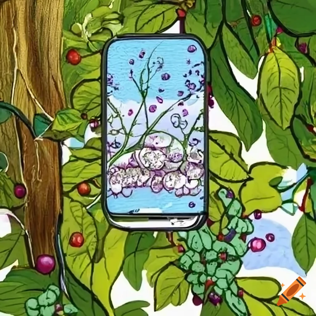 smartphone hanging in a garden of berries