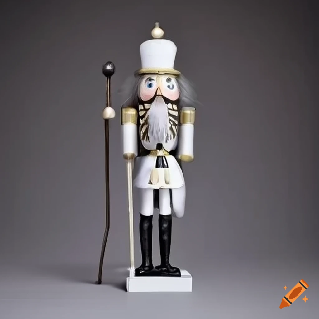 black and white sculpture of a Renaissance-inspired nutcracker
